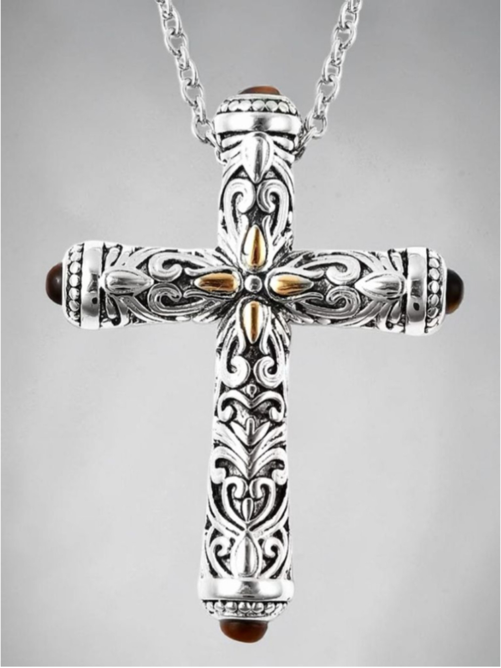 Tiger's Eye 20.00 ctw Cross Pendant Necklace in Yellow Gold and Stainless Steel